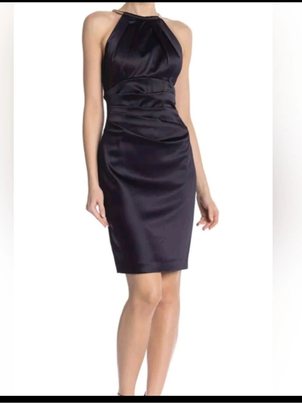 Eliza J Navy Gold Chain Halter Neck Ruched Waist Formal Silky Cocktail Dress 14